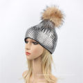 Gold Silver Purple Metallic Acrylic Skullies Girls Real Raccoon Fur POM POM Knitted Cap Hat Beanie (HW138)